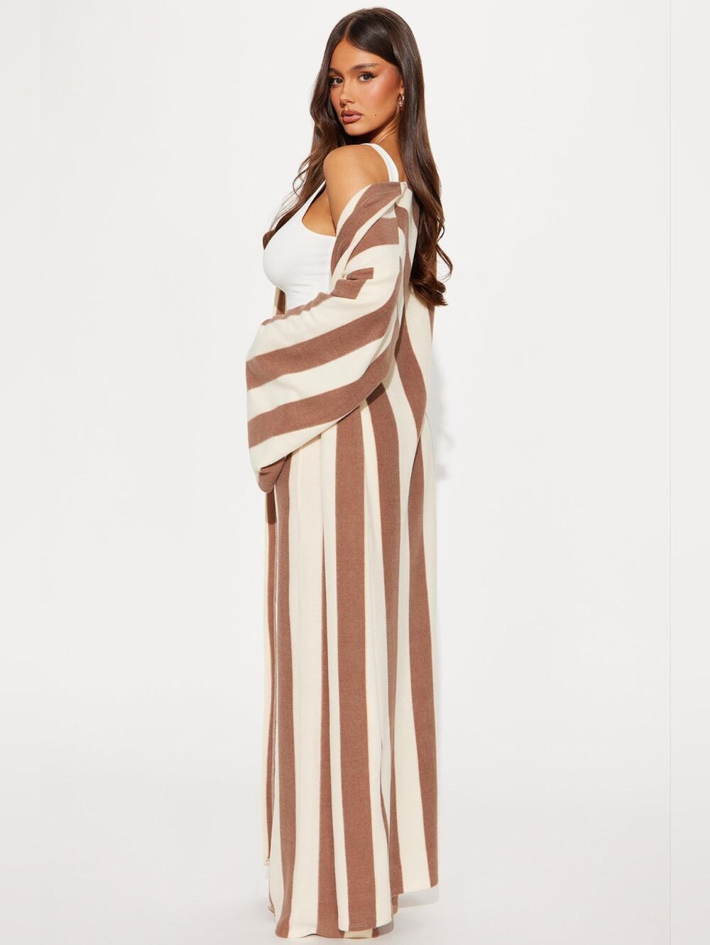 Fashion Nova STEPH Striped Pants Set Brown & Cream Wide-Leg Knit SZ LG - Picture 2 of 8